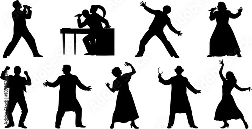 Silhouettes of people performing on stage with various poses and actions  musicians and dancers