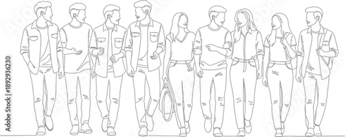 A group of young adults walking together in a line illustration