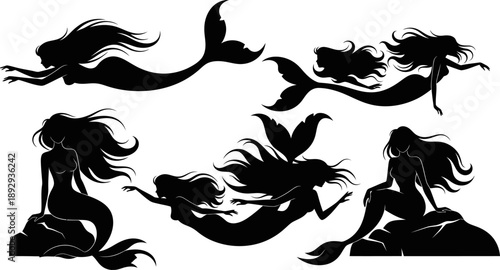 set of black silhouettes of mermaids in various poses on white background