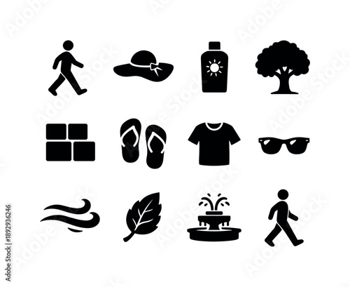 Warm Weather Icons. Warm Weather Walk. Solid icon set of Warm Weather Walk: walking silhouette, sun hat, sunscreen bottle, shaded tree, pavement tiles, flip