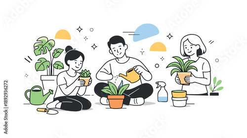 Plant Care Harmony. Plant care enthusiasts. A friendly editorial scene of people enjoying their plants, watering cans and pots nearby, abstract