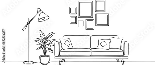 line drawing of a living room with a couch lamp and plant