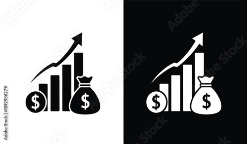 Financial growth concept with money bag, coin, and increasing bar chart graph with arrow, symbolizing profit and investment success