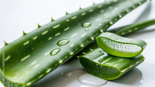 Fresh aloe vera plant leaves with water droplets and succulent slices on white background