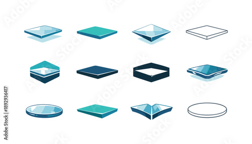 Glass Tabletop Icons. glass tabletop. Icon set. Set Logo of glass tabletop: floating table slab. harmonious logo variations of the same emblematic concept,