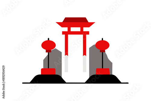 Traditional Chinese Gate with Red Lanterns Beside Pathway