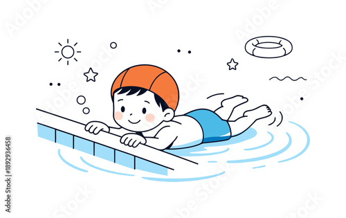 Swimming Lesson Beginnings. Kids learning to swim first steps. Child holding the pool edge while practicing floating, gentle water ripples around. Cautious