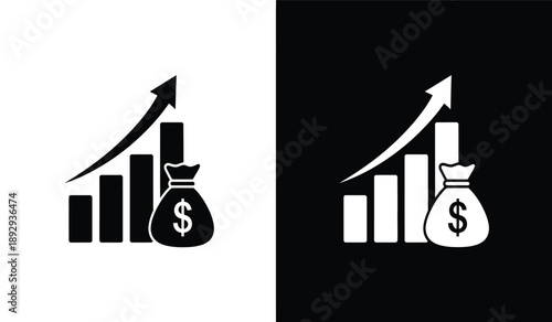 Financial growth icons with money bag and bar chart and increasing arrow in black and white
