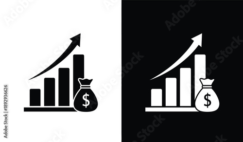 Financial growth concept with increasing graph and money bag icons in black and white