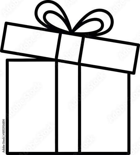 A minimalist black outline icon of an open gift box with a decorative bow ready for a festive celebration