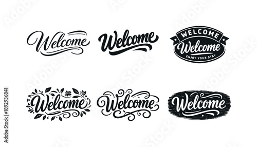 Creative Welcome Designs. Welcome sign lettering. Set lettering. harmonious lettering variations of the same emblematic concept, each with different artistic