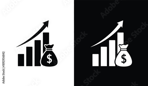 Financial growth concept with money bag and increasing bar chart graph icons in black and white