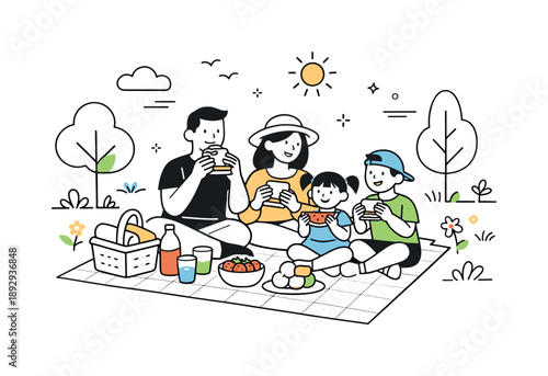Family Picnic Bliss. Family picnic overview. A calm editorial scene showing a family sitting on a blanket in a park, enjoying sandwiches, fruits, and drinks