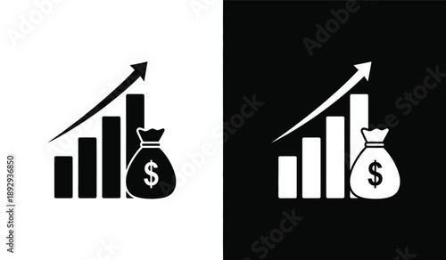 Financial growth and money bag icons with increasing graph and dollar sign, symbols of business success and profit