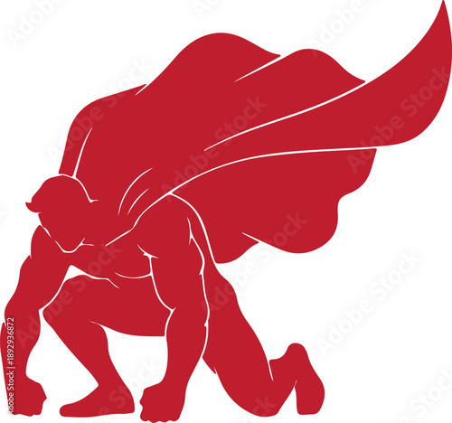 Red Superhero landing pose in silhouette white background..