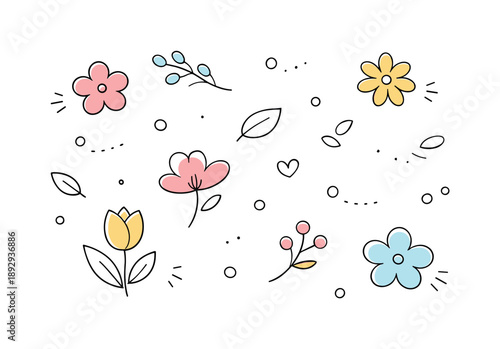 Spring Floral Harmony. Seasonal floral background spring. Abstract floral shapes and small buds floating freely with lots of white space. Fresh renewal