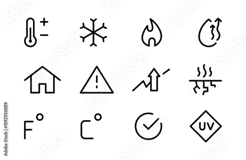 Temperature Hidden  Weather Digital Climate Thermometer Heat Cold Measurement line and flat icons set pack, editable stroke isolated on white, linear vector outline illustration, symbol logo design st