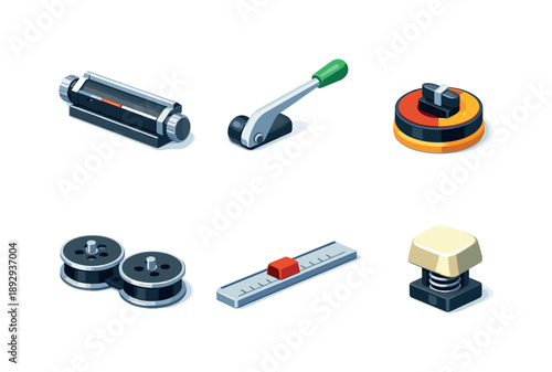 Mechanical Typing Icons. Mechanical Typing. Isometric flat vector icons set of Mechanical Typing: typewriter carriage, return lever, ribbon selector switch,