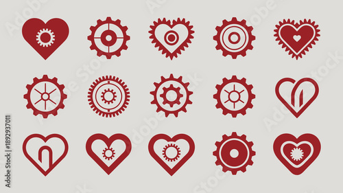 A collection of red flat icons depicting hearts and various mechanical gears against a light grey background high quality professional detailed modern elegant stylish clean crisp