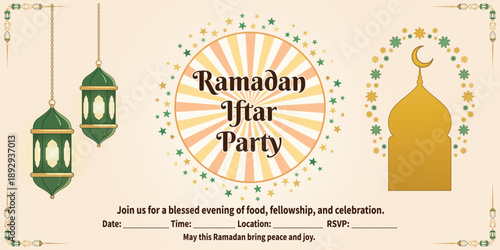 Ramadan Iftar Party Invitation: A creatively designed invitation for a Ramadan Iftar party, featuring iconic Islamic symbols.