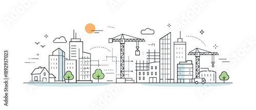 City Skyline Transformation. City expansion. A growing city skyline with new buildings appearing alongside existing ones, smooth transition and