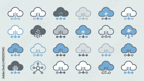 A collection of nine weather icons depicting clouds in various states from sunny to stormy with rain droplets high quality professional detailed modern elegant stylish clean