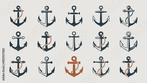 A collection of navy blue nautical anchors are displayed some wrapped with rope against a light gray background high quality professional detailed modern elegant stylish clean