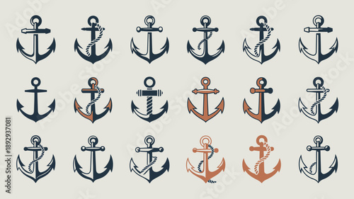 A collection of nine vintage style nautical anchors are displayed in varying designs and colors against a pale background high quality professional detailed modern elegant stylish