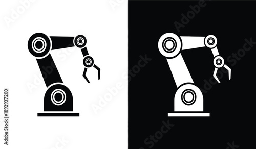 Two robotic arms in black and white on different backgrounds for industrial automation and robotics concepts