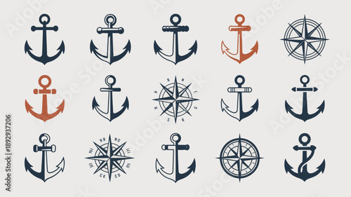A collection of nautical icons including anchors a ship s wheel and a compass rose depicted in a minimalist style high quality professional detailed modern elegant