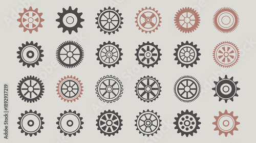 An arrangement of nine industrial gear icons is displayed showcasing varied designs and color schemes on a light gray background high quality professional detailed modern elegant