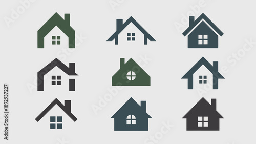 A minimalist graphic depicts three dark green house icons with varying roof styles arranged vertically on a light gray background high quality professional detailed modern elegant