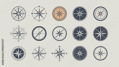 A collection of vintage compass rose illustrations are displayed against a light gray background showing various directional designs high quality professional detailed modern elegant stylish clean