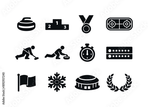 Olympic Curling Icons. Olympic Curling. Solid icon set of Olympic Curling: curling stone, Olympic podium, gold medal, ice rink, athlete sweeping, athlete