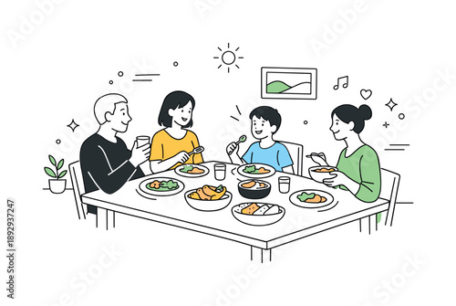 Harmonious Family Dining. Shared family meal. A balanced composition showing a dining table from a slight angle, with people enjoying food and conversation.