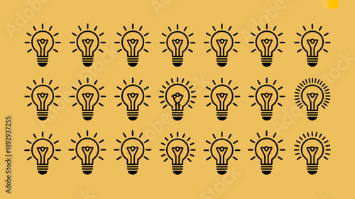 A repeating pattern showcases several black lightbulb icons with radiating lines set against a solid mustard yellow background high quality professional detailed modern elegant stylish clean