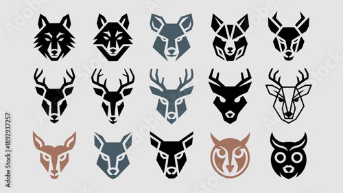 A collection of minimalist animal head silhouettes displays wolves deer and foxes in a monochromatic color scheme high quality professional detailed modern elegant stylish clean crisp