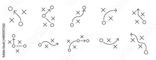 Grid of 8 sports strategy diagrams using symbolic player icons and arrows for game planning, coaching, and analysis