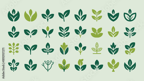 A collection of stylized leaf designs in varying shades of green are displayed against a light green background forming a botanical pattern high quality professional detailed
