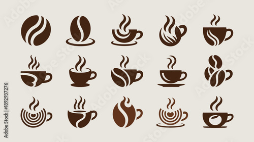 A collection of dark brown coffee bean and cup icons are displayed against a light beige background showcasing various designs high quality professional detailed modern elegant