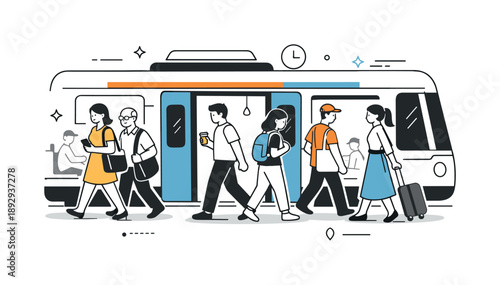 Efficient Transit Flow. Public transit lifestyle. Passengers entering and exiting a train or tram, smooth movement and orderly flow. Editorial illustration