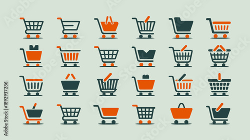 A minimalist design showcases a pattern of various shopping cart icons in shades of orange and teal repeating across a light green background high quality professional
