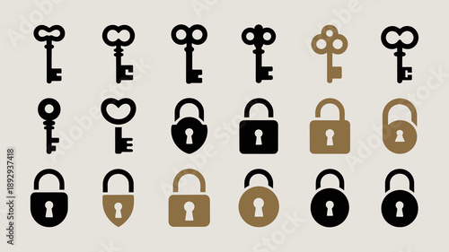 A collection of vintage keys and padlocks are displayed in a vertical arrangement showcasing different designs and styles high quality professional detailed modern elegant stylish clean