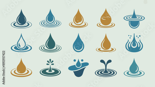 A light blue background displays several stylized water droplets with ripple effects including teal navy and golden hues high quality professional detailed modern elegant stylish clean