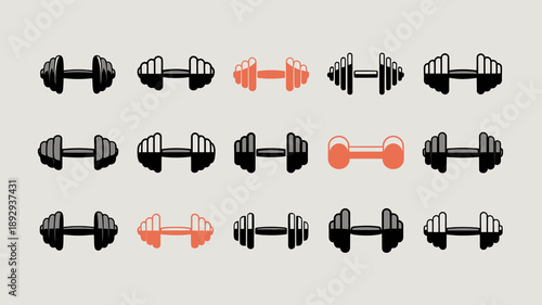 A minimalistic illustration showcases a series of dumbbells in varying shades including black grey and orange arranged in rows high quality professional detailed modern elegant stylish
