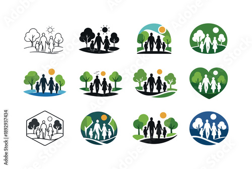 Family Park Stroll Logos. A family taking a walk in the park, enjoying each other?s company. Icon set. Set Logo of family walk in the park: parents and