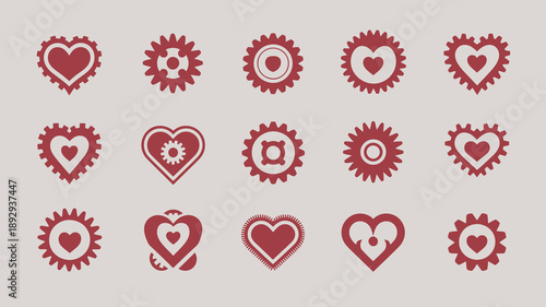 A series of red gear shaped heart icons are displayed on a pale pink background showcasing variations in design and complexity high quality professional detailed modern