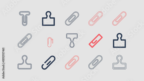 A minimalist graphic depicts various office supplies including paperclips and binder clips in shades of blue red and grey high quality professional detailed modern elegant stylish