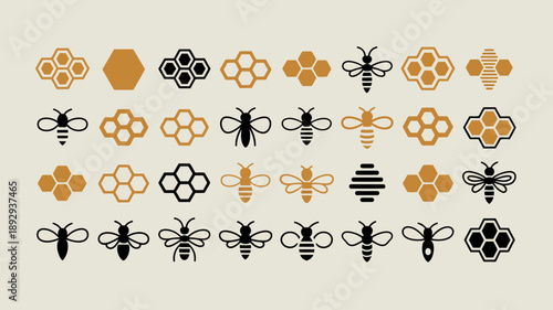 A collection of hexagonal honeycomb shapes and bee illustrations are displayed in varying shades of gold and black high quality professional detailed modern elegant stylish clean