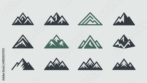 A collection of stylized mountain icons in varying colors and designs showcasing minimalist representations of peaks and ranges high quality professional detailed modern elegant stylish clean